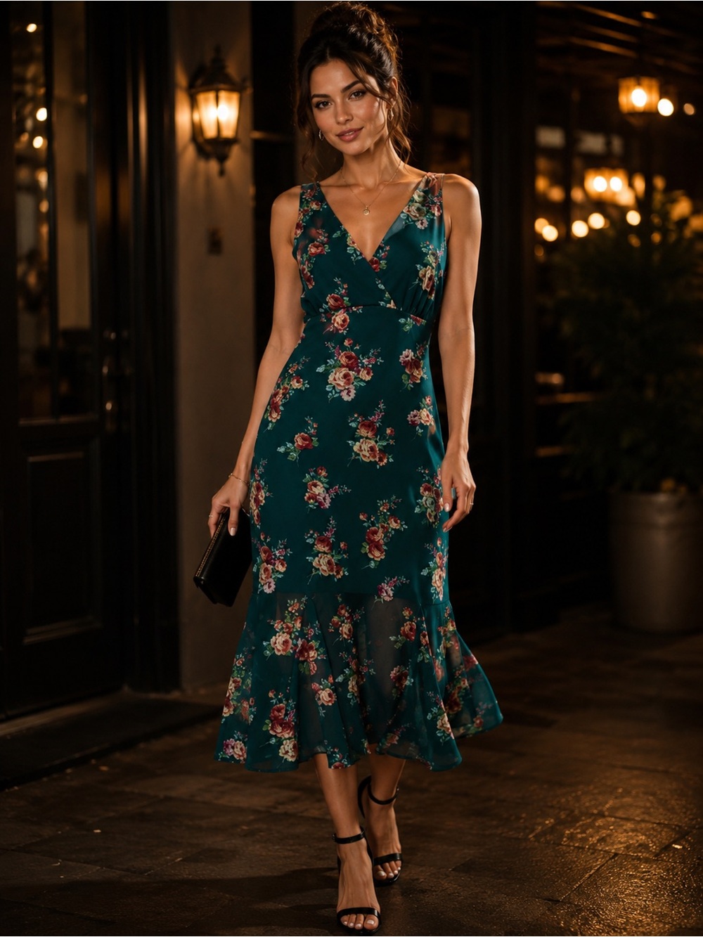Rewind Teal Floral Wrap-Style Midi Dress